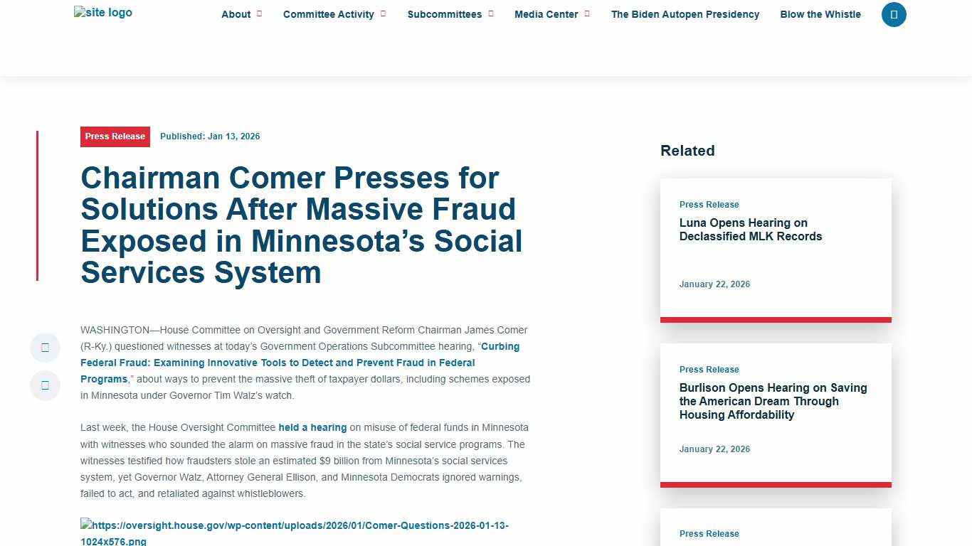Chairman Comer Presses for Solutions After Massive Fraud Exposed in Minnesota’s Social Services System - United States House Committee on Oversight and Government Reform